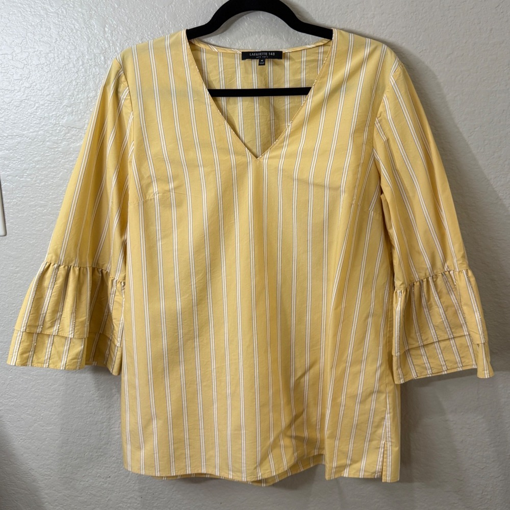 Lafayette 148 NY Striped Blouse Butter Yellow White M Coastal Preppy Ruffle